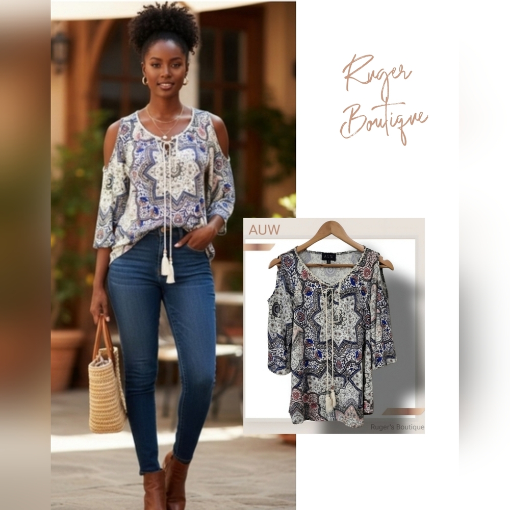 🌿AUW Womens Small Drop Sleeve Multi Print Top with Tassel Ties